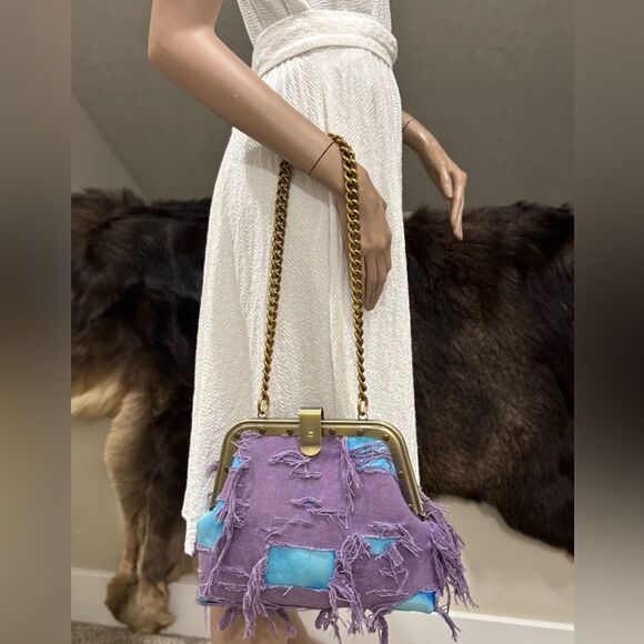 Unique Colorblock Cowhide Leather with Ripped Canvas, Metal Frame Bag, Crossbody - Picture 6 of 16